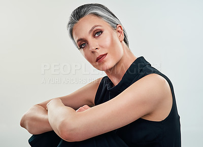 Buy stock photo Portrait, mature and woman for beauty by white background for cosmetics, wellness and spa treatment. Collagen, anti aging and dermatology for luxury, wrinkles and glow in studio with female person