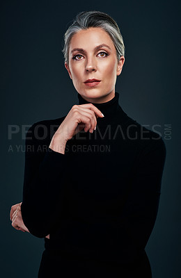 Buy stock photo Portrait, mature and woman in studio for cosmetics, beauty and results for treatment with pride. Makeup, dermatology and female person with collagen by black background for glamour, glow and luxury