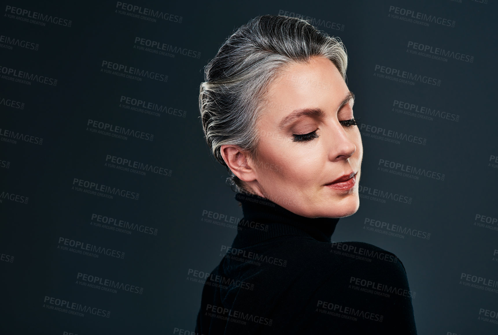 Buy stock photo Woman, calm and beauty in studio, skincare and confident for cosmetic on gray background. Female person, transformation and dermatology pride or mockup space, foundation and facial treatment for glow