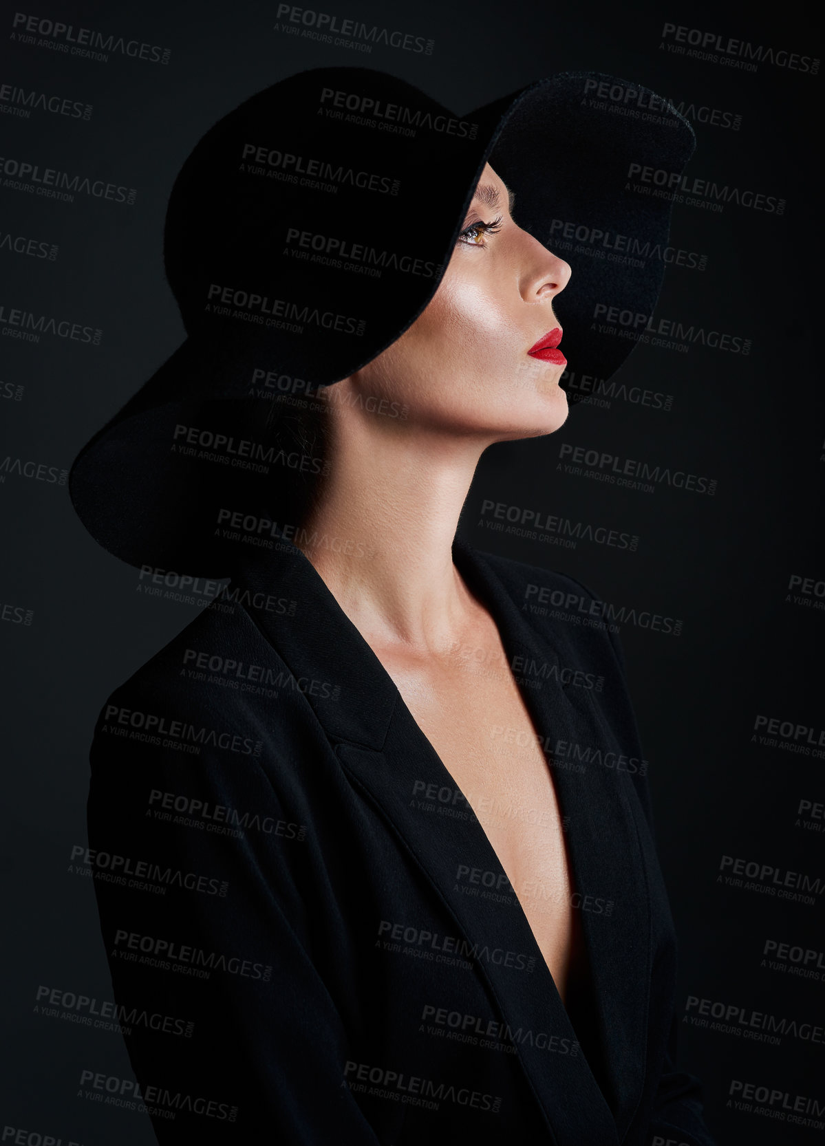 Buy stock photo Elegance, hat and profile of woman in studio for fashion, style and designer clothing on black background. Glamour, dark and mysterious person with cosmetics for luxury, thinking and wealth or art