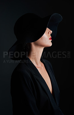 Buy stock photo Hat, elegance and profile of woman in studio for fashion, style and designer clothing on black background. Glamour, dark and mysterious person with cosmetics for luxury, thinking and wealth or art