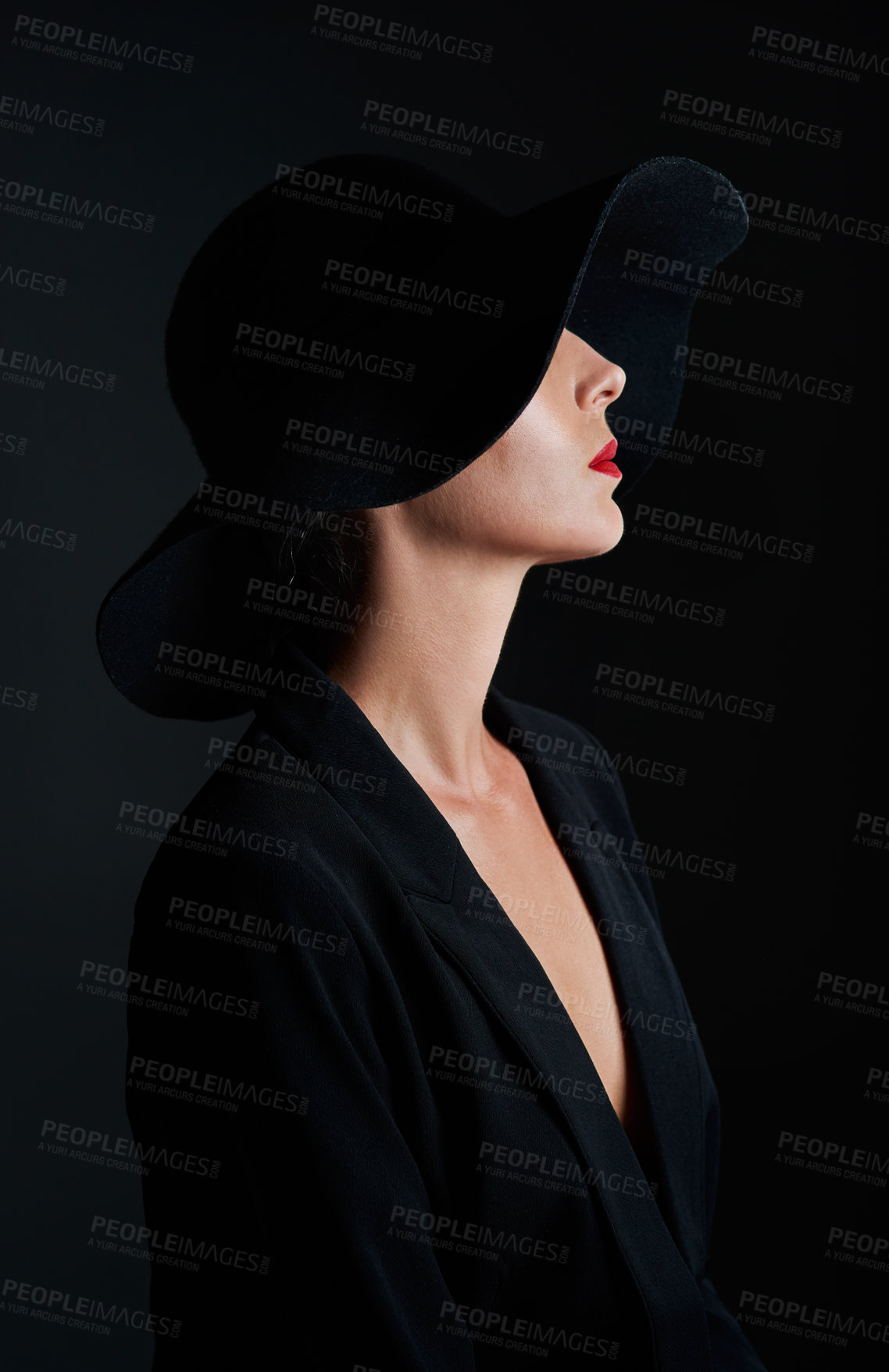 Buy stock photo Hat, elegance and profile of woman in studio for fashion, style and designer clothing on black background. Glamour, dark and mysterious person with cosmetics for luxury, thinking and wealth or art