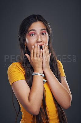 Buy stock photo Studio portrait, teenager girl and wow for fake news announcement and gossip secret. Female teen, shock or surprise reaction for drama, horror story and oops emoji with mistake by dark background