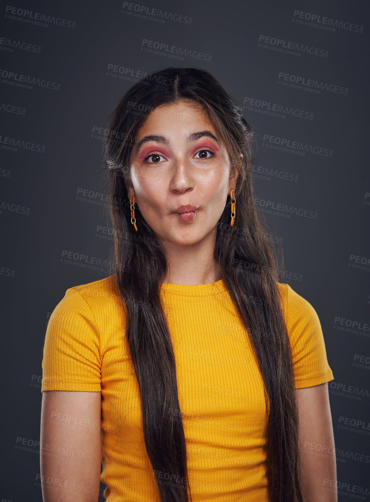Buy stock photo Silly, fish lips and portrait of girl in studio for comedy, humour and playful on black background. Crazy, comic and female person with humor or expression for funny joke, meme and goofy personality
