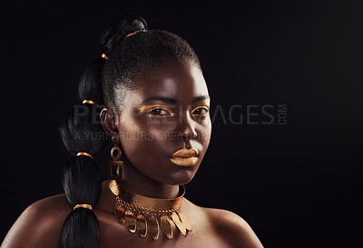 Buy stock photo Beauty, portrait and black woman in studio with glitter, luxury and art makeup on dark background. Face, gold and African lady model with rich, glow and jewelry, elegance and cosmetic royal aesthetic