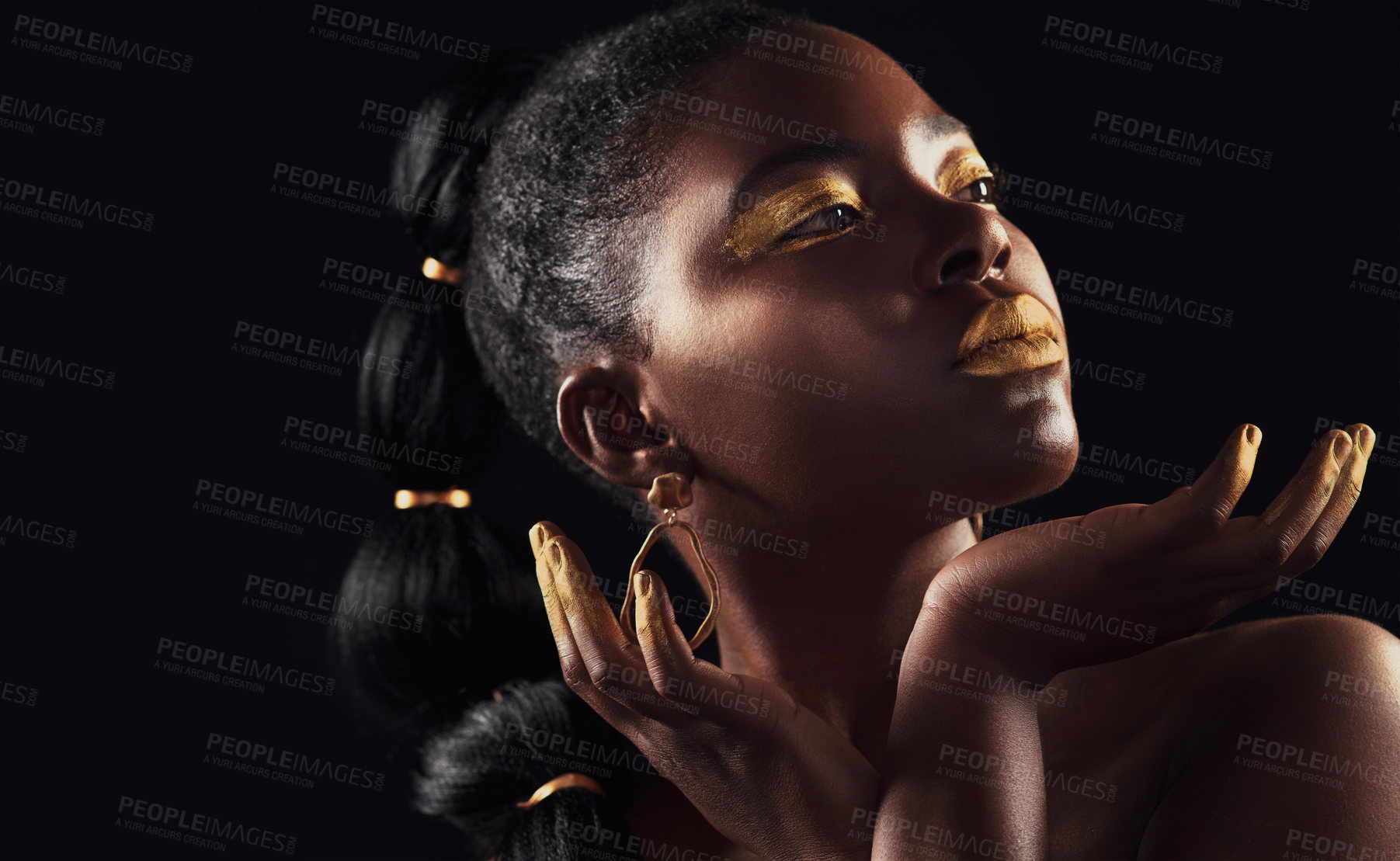 Buy stock photo Makeup, glitter and black woman in studio for beauty, luxury and body care on black background, Gold, art and African female model with wealth, glow and jewellery, elegance and posing royal aesthetic