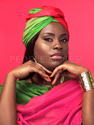 Buy stock photo Fashion, beauty and portrait of black woman in studio with traditional and classy outfit with jewelry. Makeup, culture and Nigerian female model with elegant style and accessories by pink background.