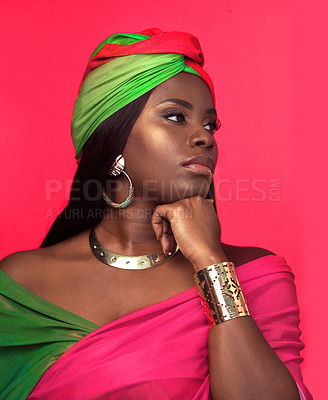 Buy stock photo Fashion, thinking and black woman with head scarf in studio with traditional and classy outfit with jewelry. Beauty, ideas and Nigerian model with elegant style and accessories by pink background.