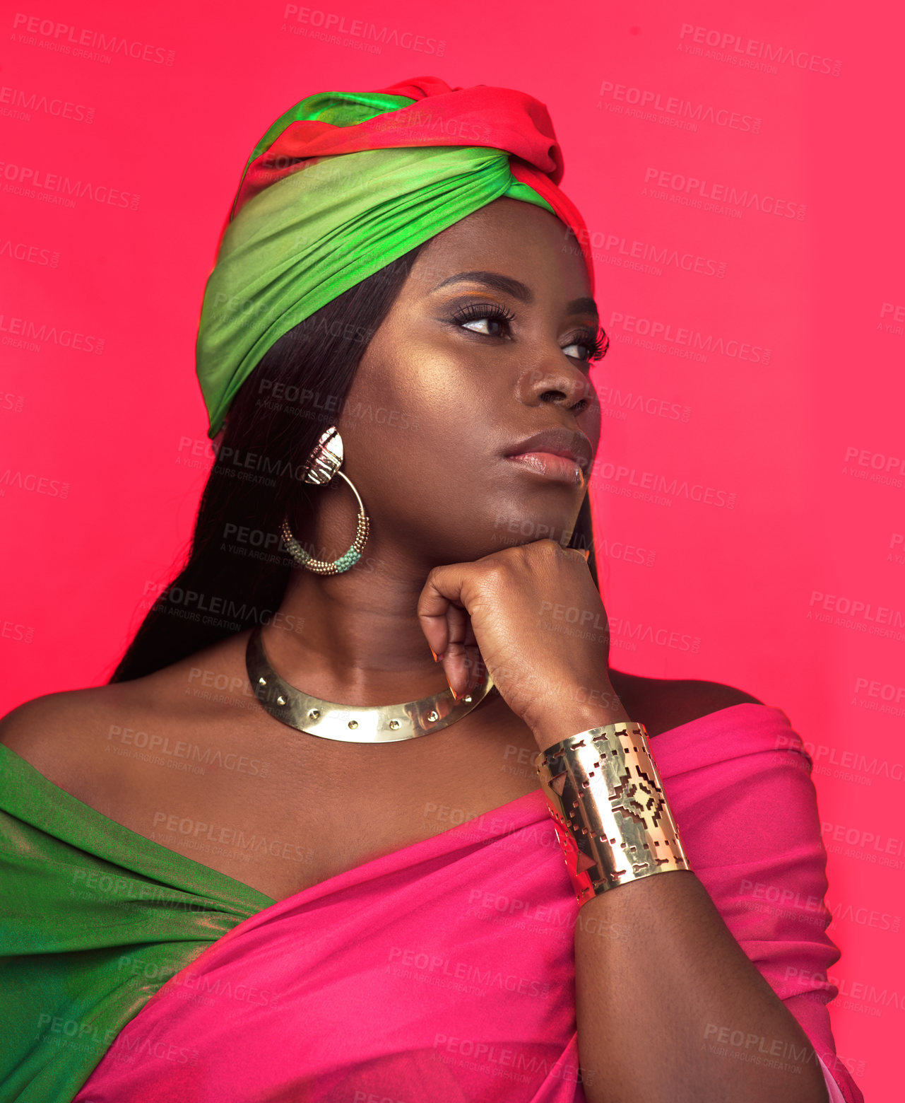 Buy stock photo Fashion, thinking and black woman with head scarf in studio with traditional and classy outfit with jewelry. Beauty, ideas and Nigerian model with elegant style and accessories by pink background.