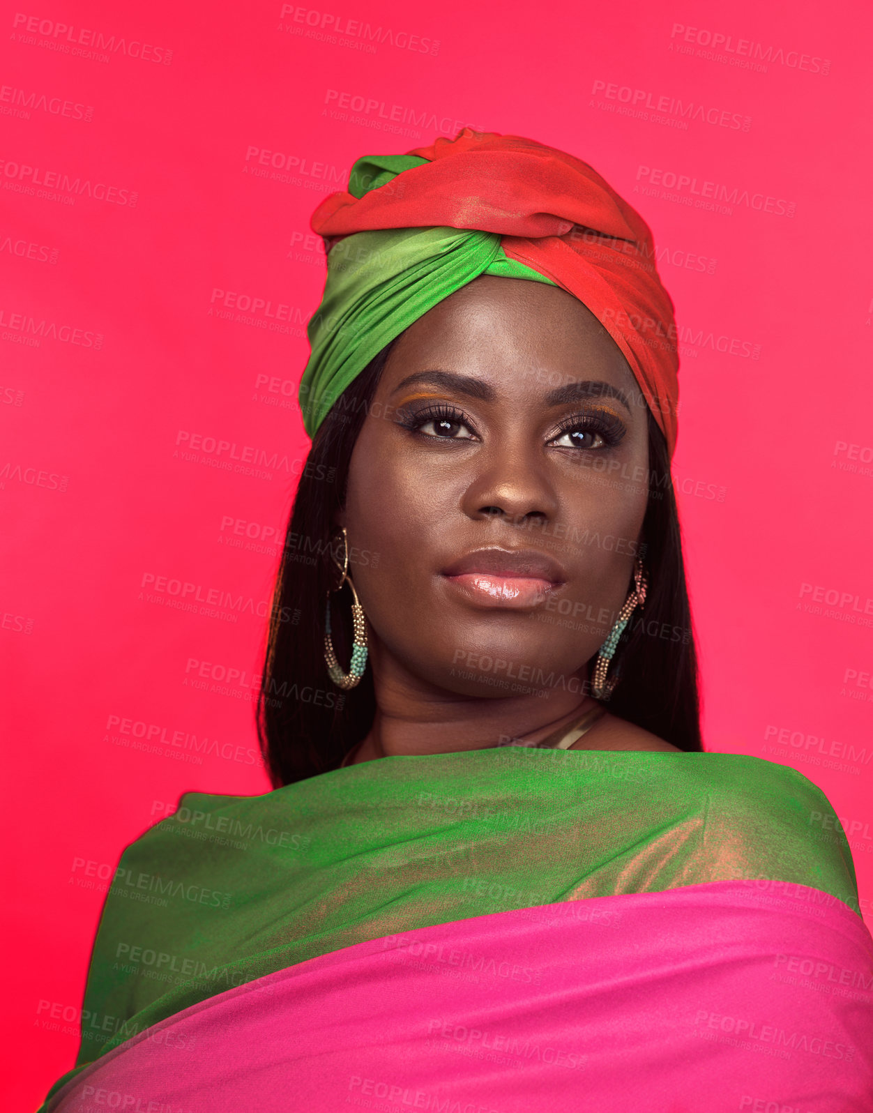 Buy stock photo Fashion, headscarf and black woman with beauty in studio with traditional and classy outfit with jewelry. Makeup, culture and Nigerian female model with elegant style and accessory by pink background