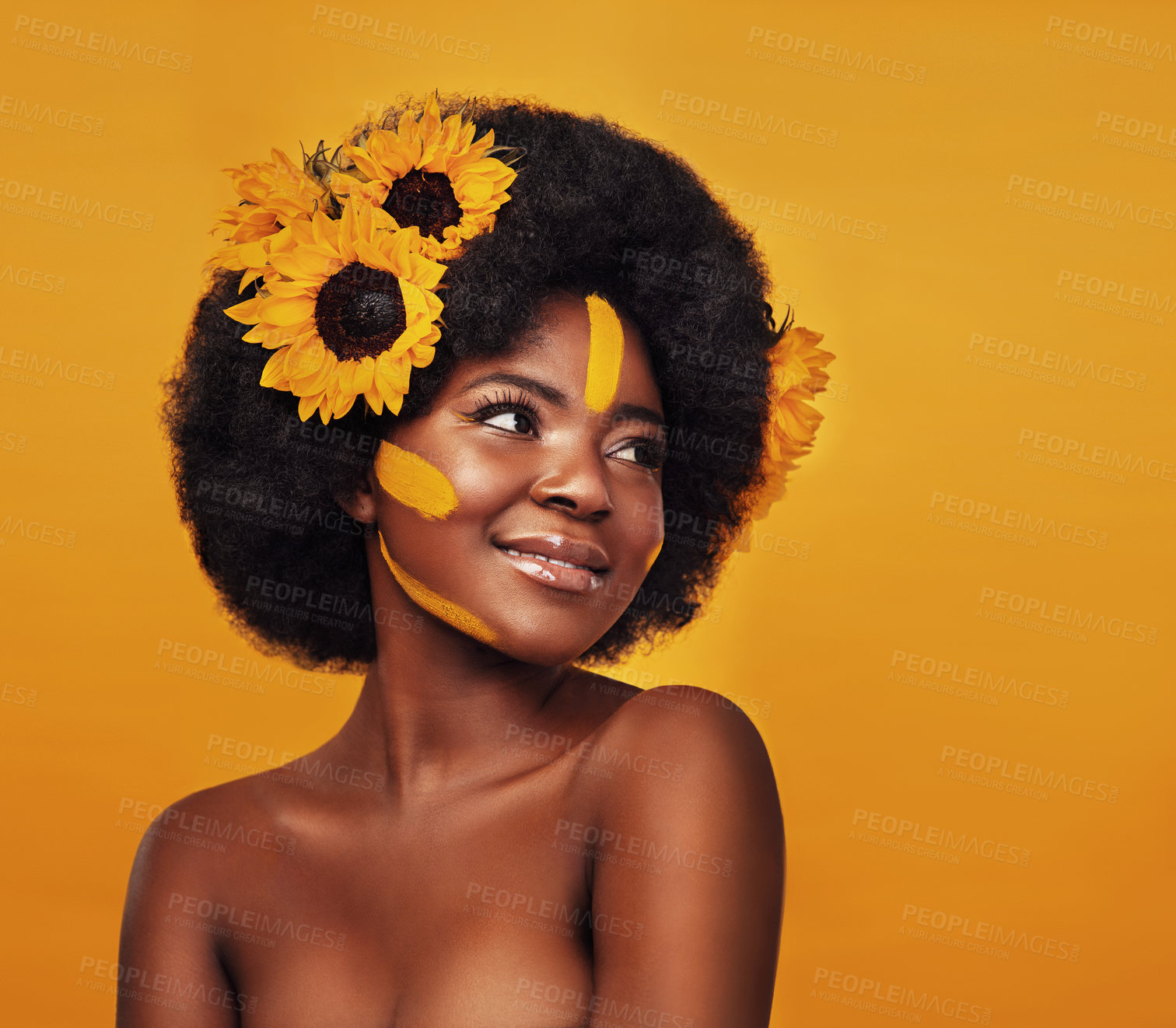 Buy stock photo Black woman, smile and sunflower with skincare in studio for natural beauty, dermatology or vitamin e. Person, confident and floral with plant for organic, cosmetics or soft skin on yellow background