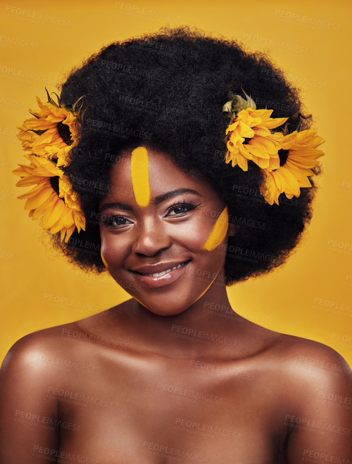 Buy stock photo Black woman, portrait and sunflower with skincare in studio for natural glow, cosmetics or soft skin. Person, smile and confident with plant for organic, dermatology or vitamin e on yellow background