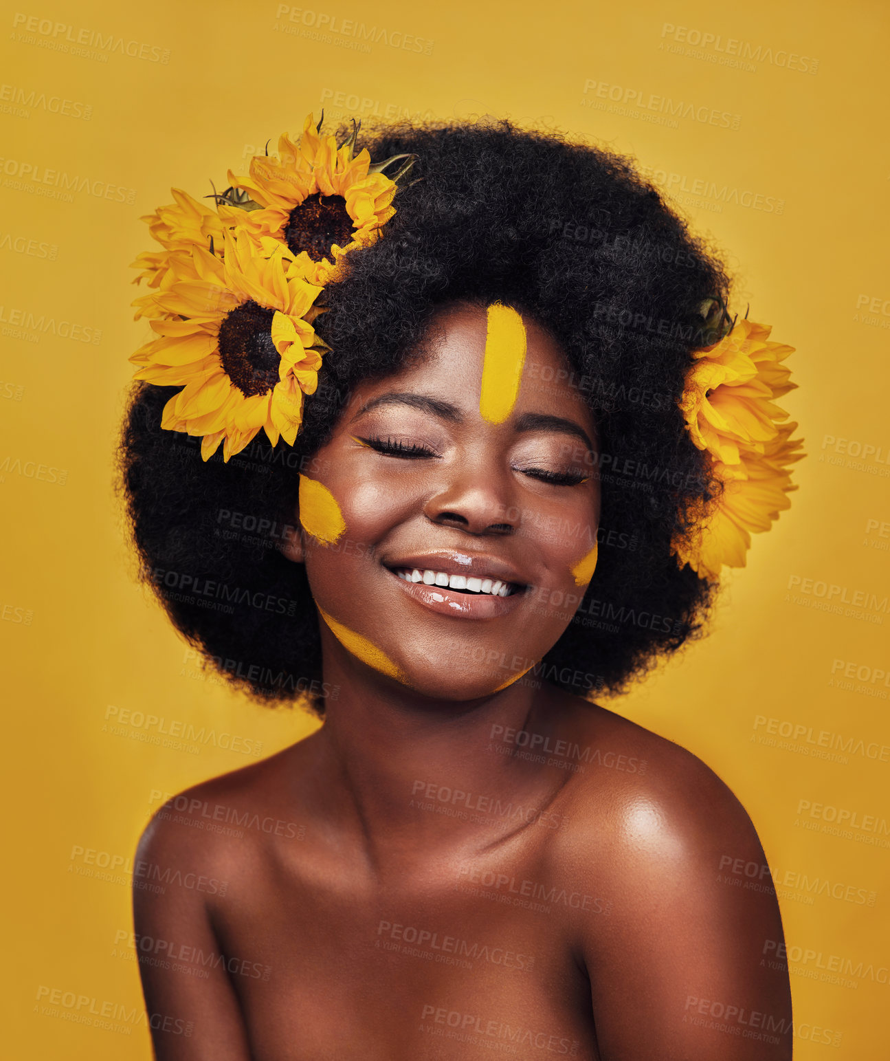 Buy stock photo Black woman, happy and sunflower with skincare in studio for dermatology, natural glow or vitamin e. Person, floral and eyes closed with smile for organic, cosmetics or soft skin on yellow background