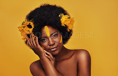 Buy stock photo Natural, sunflower and hair with portrait of black woman in studio for beauty, creative or spring. Makeup, cosmetics and floral with face of model on yellow background for art, self love or glow