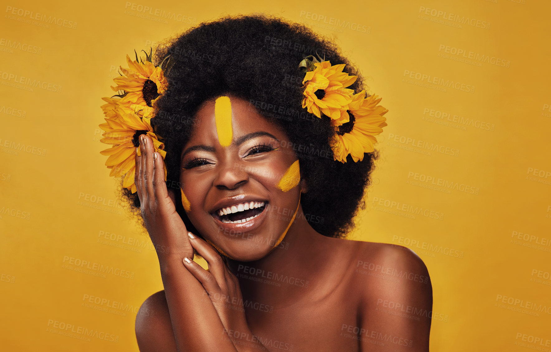 Buy stock photo Portrait, smile and black woman with sunflowers in her hair, makeup and confident girl against a studio background. Face, female person and model with cosmetics, funny and natural care with happiness