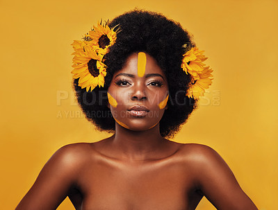 Buy stock photo Makeup, sunflower and glow with portrait of black woman in studio for beauty, hair or spring. Natural, cosmetic and floral with face of model on yellow background for art, self love or confidence