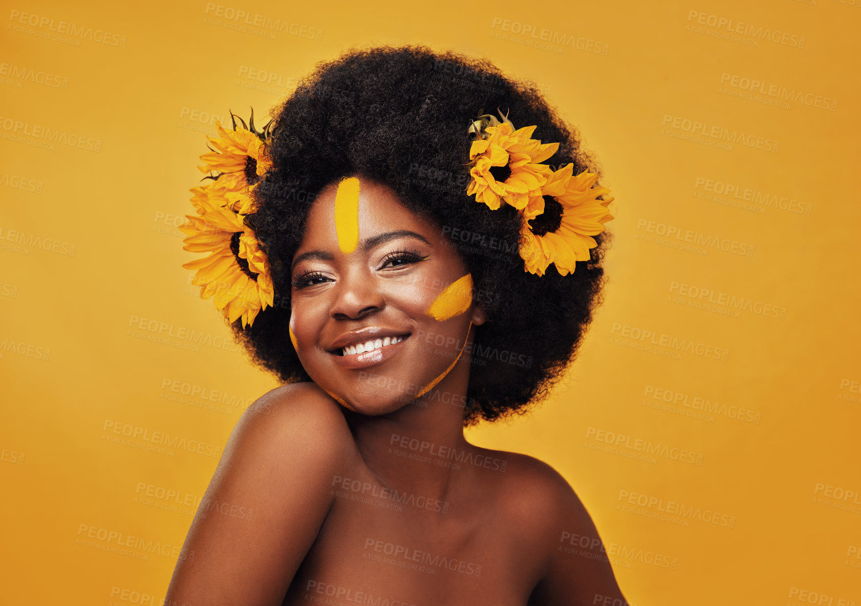 Buy stock photo Woman, studio and thinking with smile and sunflowers for idea, planning or vision with afro. African female and thought on mustard backdrop with makeup, natural beauty or skincare with sustainability