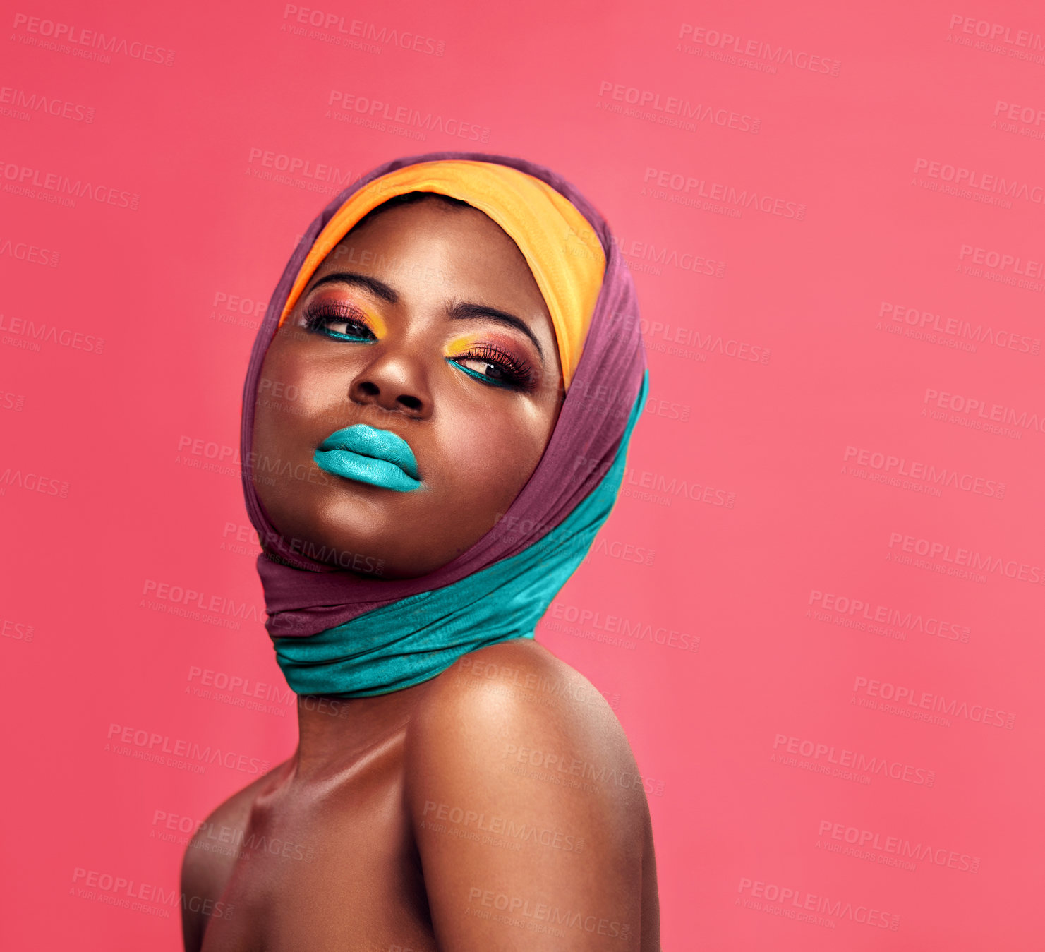 Buy stock photo Makeup, fashion and scarf with black woman in studio for creative, art and culture. Beauty, cosmetics and natural with face of model isolated on pink background for african and color mockup