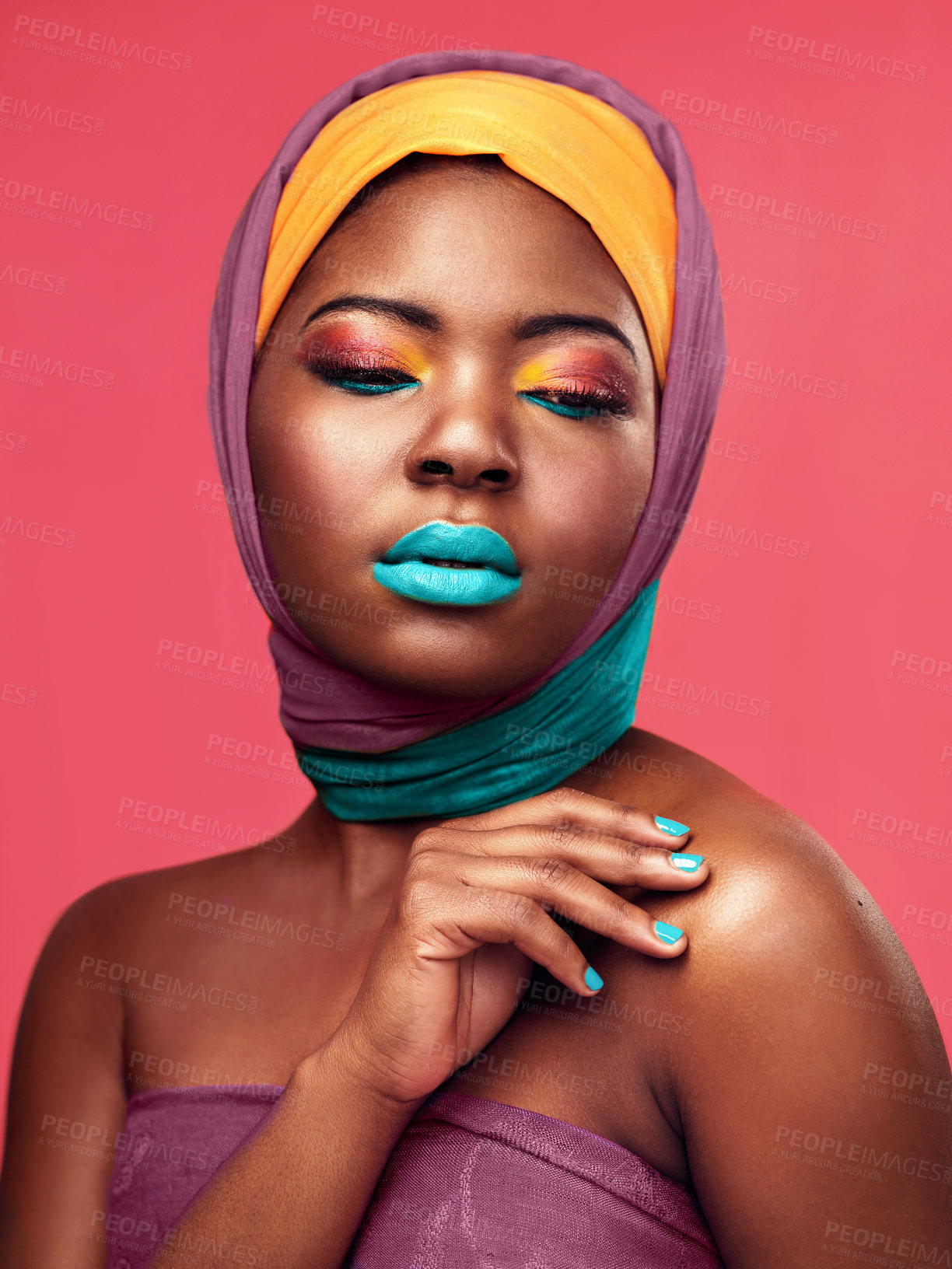 Buy stock photo Makeup, culture and scarf with black woman in studio for creative, art and beauty. Fashion, cosmetics and natural with face of model isolated on pink background for african and color mockup
