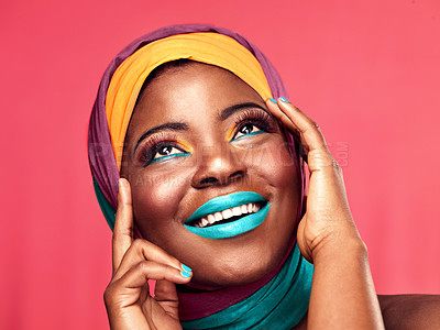 Buy stock photo Makeup, beauty and scarf with smile and black woman in studio for creative, art and culture. Fashion, cosmetics and natural with face of model isolated on pink background for african and color