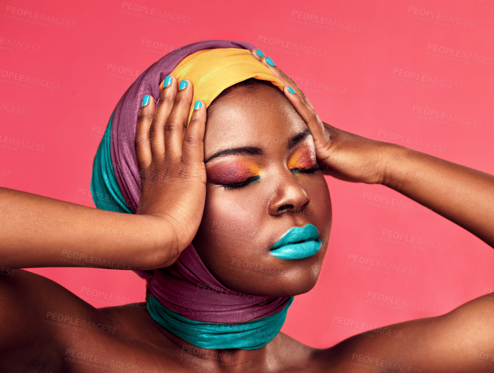 Buy stock photo Makeup, beauty and wrap with black woman in studio for creative, art and culture. Fashion, cosmetics and natural with face of model isolated on pink background for african and color mockup