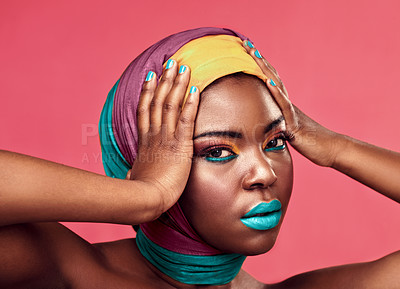 Buy stock photo Makeup, beauty and scarf with portrait of black woman in studio for creative, art and culture. Fashion, cosmetics and natural with face of model isolated on pink background for african and color