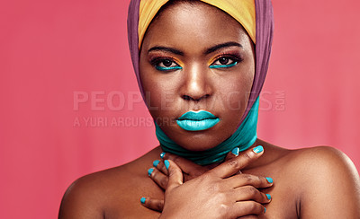 Buy stock photo Makeup, scarf and portrait of black woman in studio for creative, art and culture. Fashion, cosmetics and pride with face of model isolated on pink background for african, color and beauty mockup