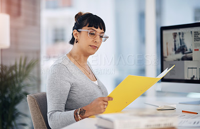 Buy stock photo Human resources, computer and business woman with files for administration, research and paperwork. Creative, professional and person with documents for information, planning and company review