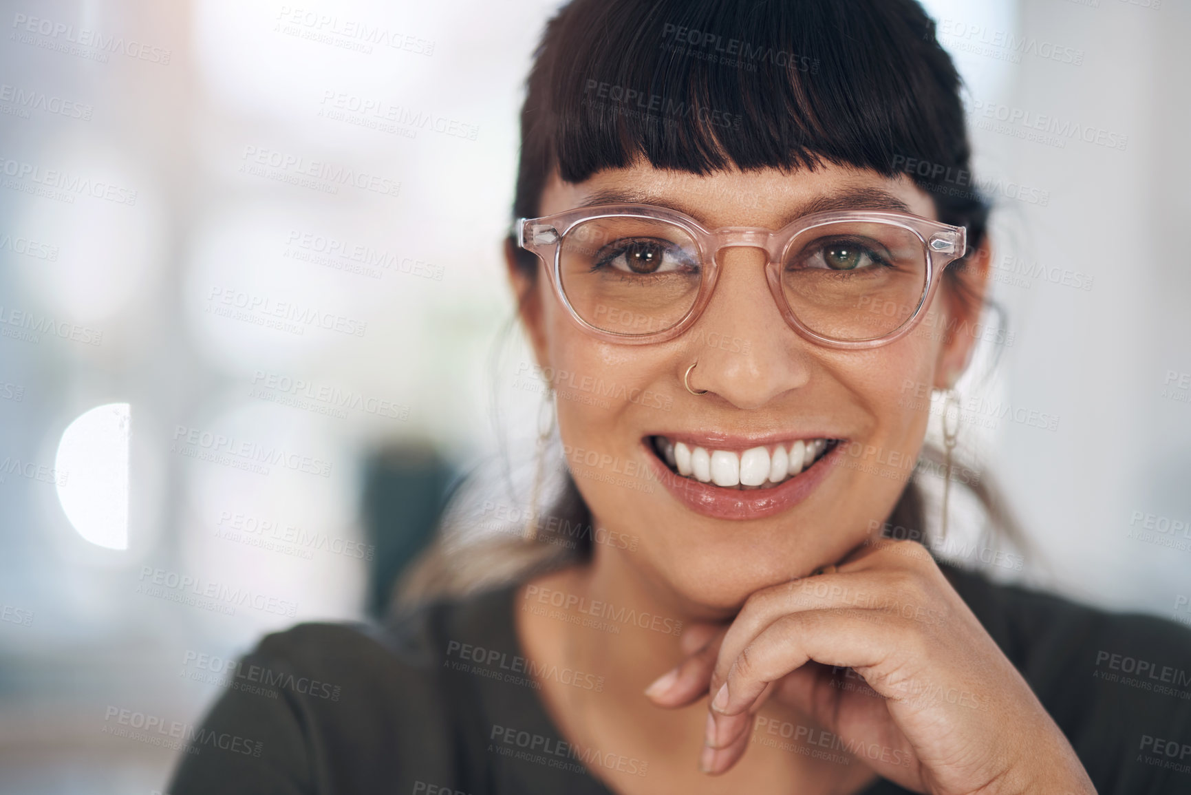 Buy stock photo Business woman, portrait and glasses in workplace for success, company and work with confident smile. Entrepreneur, happy and eyewear in office for creative agency, startup and job as event planning