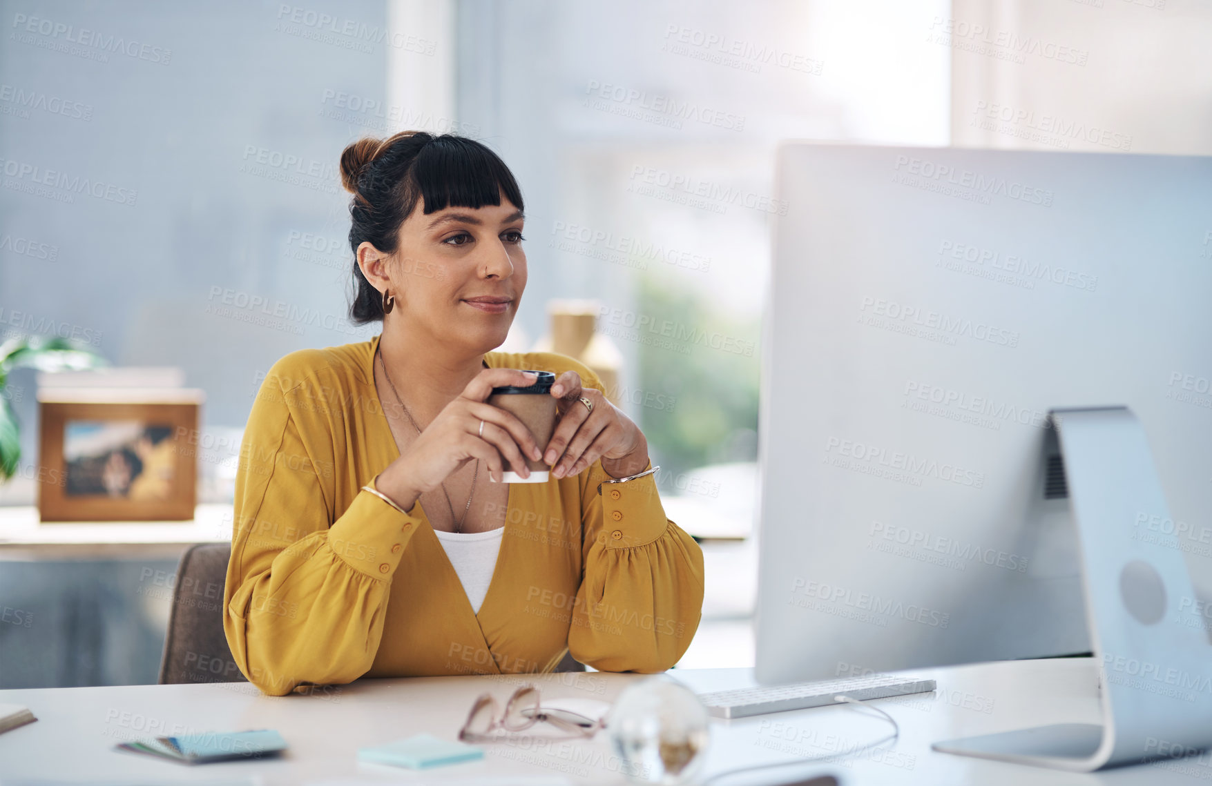 Buy stock photo Computer, office and business woman with drink at desk for reading email, website and research. Corporate, professional and person on pc monitor in workplace with beverage, coffee and tea on break