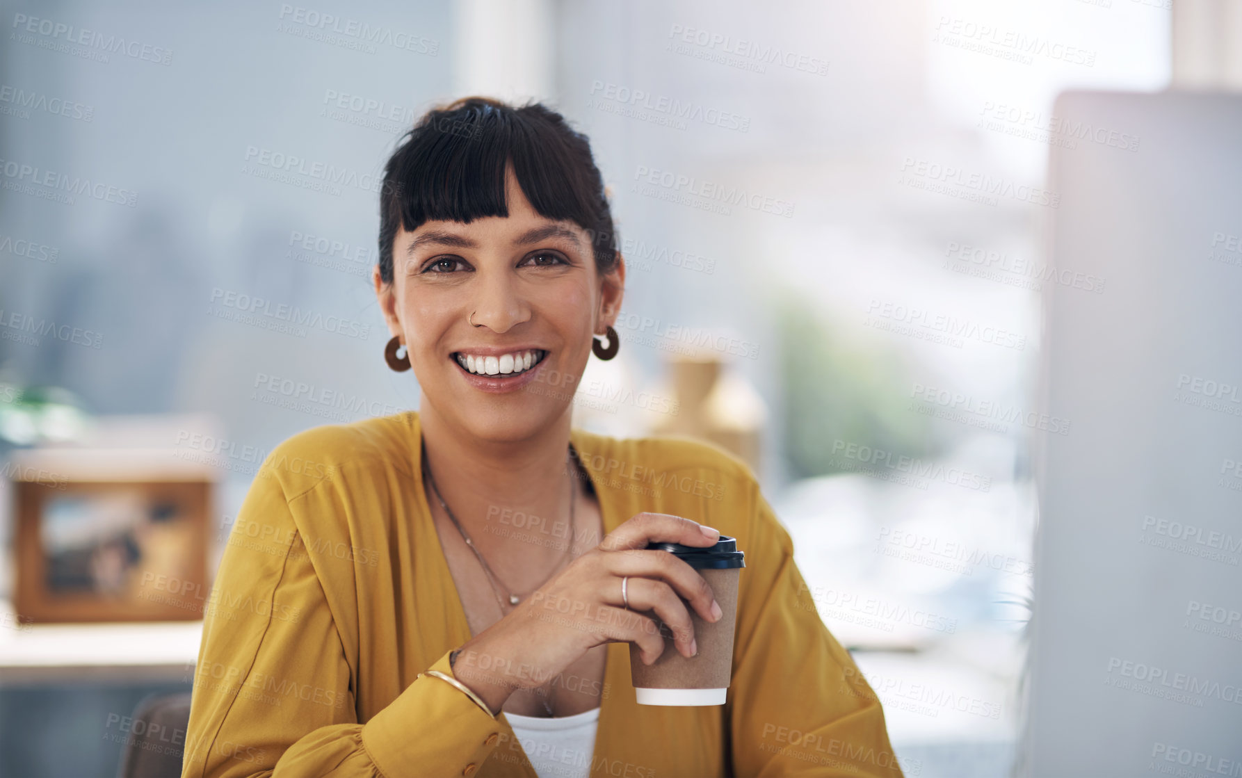 Buy stock photo Businesswoman, portrait and coffee in office for career, company and relax with confident smile. Female person, face and happiness in workplace for creative agency, work and tea break as editor