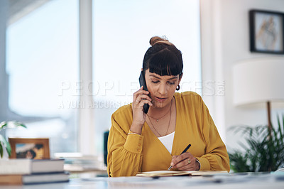 Buy stock photo Business woman, writing and phone call with documents for query, question or reminder on financial payments at office. Young female person taking notes or settling debt with book on mobile smartphone