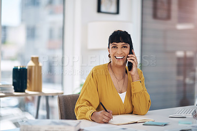 Buy stock photo Business woman, portrait and phone call in office for job, company and networking with confident smile. Female person, smartphone and talk in workplace for negotiation, client and contract agreement