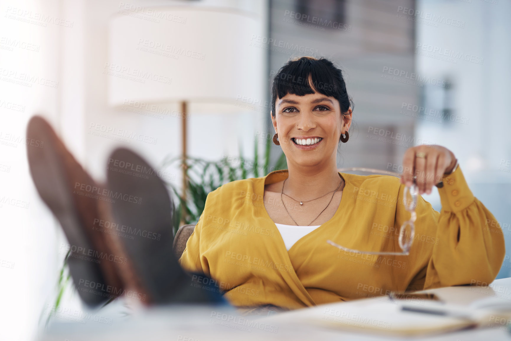 Buy stock photo Business woman, portrait and relax in office for success, company or work with confident smile. Entrepreneur, happy and glasses in workplace for creative agency, startup and break from event planning