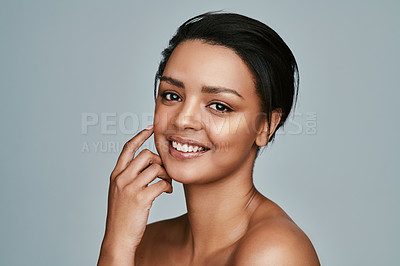 Buy stock photo African woman, portrait and cosmetics in studio for makeup, beauty and confident with facial treatment. Model, face and happy glow for skin, cosmetology or feminine with aesthetic on gray background