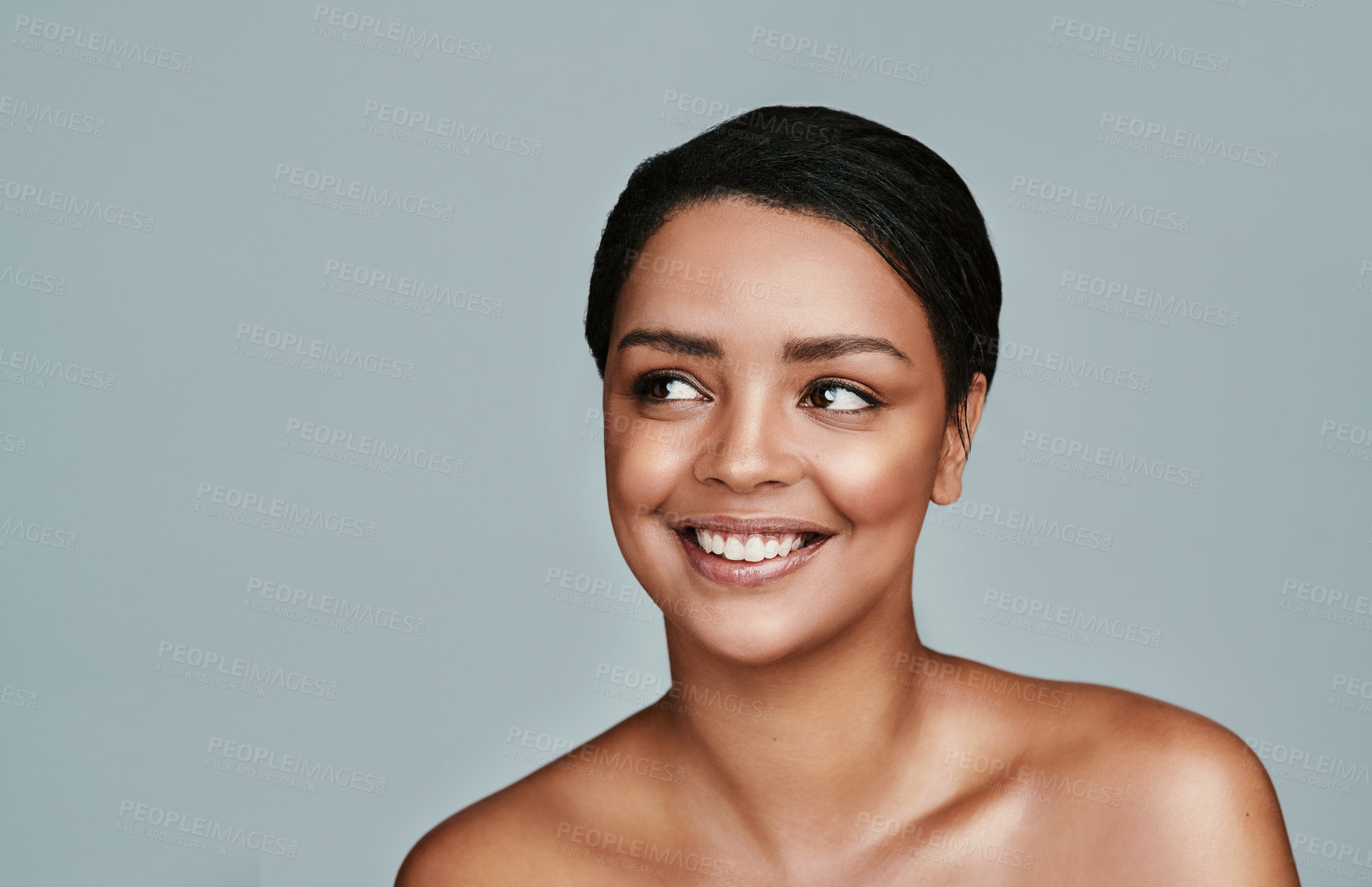 Buy stock photo African woman, thinking and makeup in studio for beauty, cosmetics and confidence with facial treatment. Model, face and happy glow for idea, cosmetology and vision with aesthetic on gray background