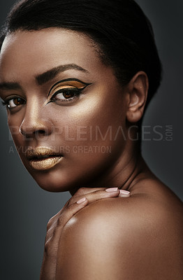 Buy stock photo Beauty, cosmetics and portrait of black woman in studio for wellness, makeup and dermatology. Salon aesthetic, spa and face of African person with glamour, gold products and shine on gray background