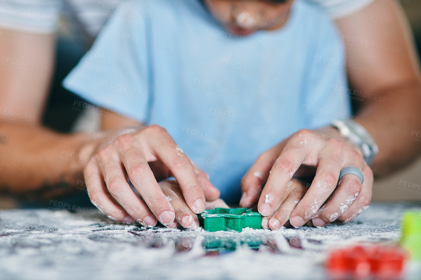 Buy stock photo Hands, parent and child for cookies, baking and plastic mold for cake, dessert or teaching in home. Kids, cooking and help with family, bonding and learning with love, care and development in Berlin