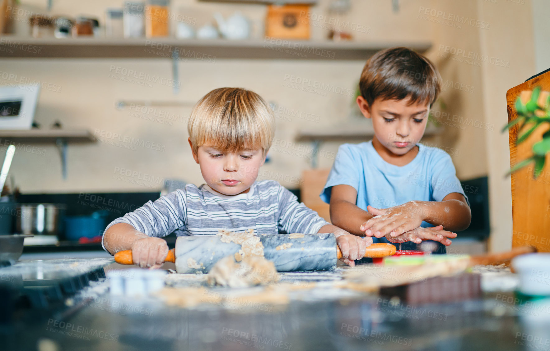 Buy stock photo Baking, rolling pin and kids in kitchen with dough for bonding, weekend fun and help in home. Learning, development and boy children at counter with growth, creativity and ingredients for cookies