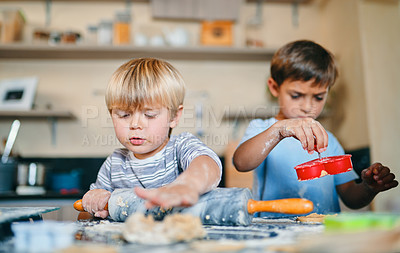 Buy stock photo Baking, cookies and kids in kitchen with rolling pin, weekend bonding, learning and help in home. Fun, development and boy children at counter together or growth, creativity and ingredients for dough