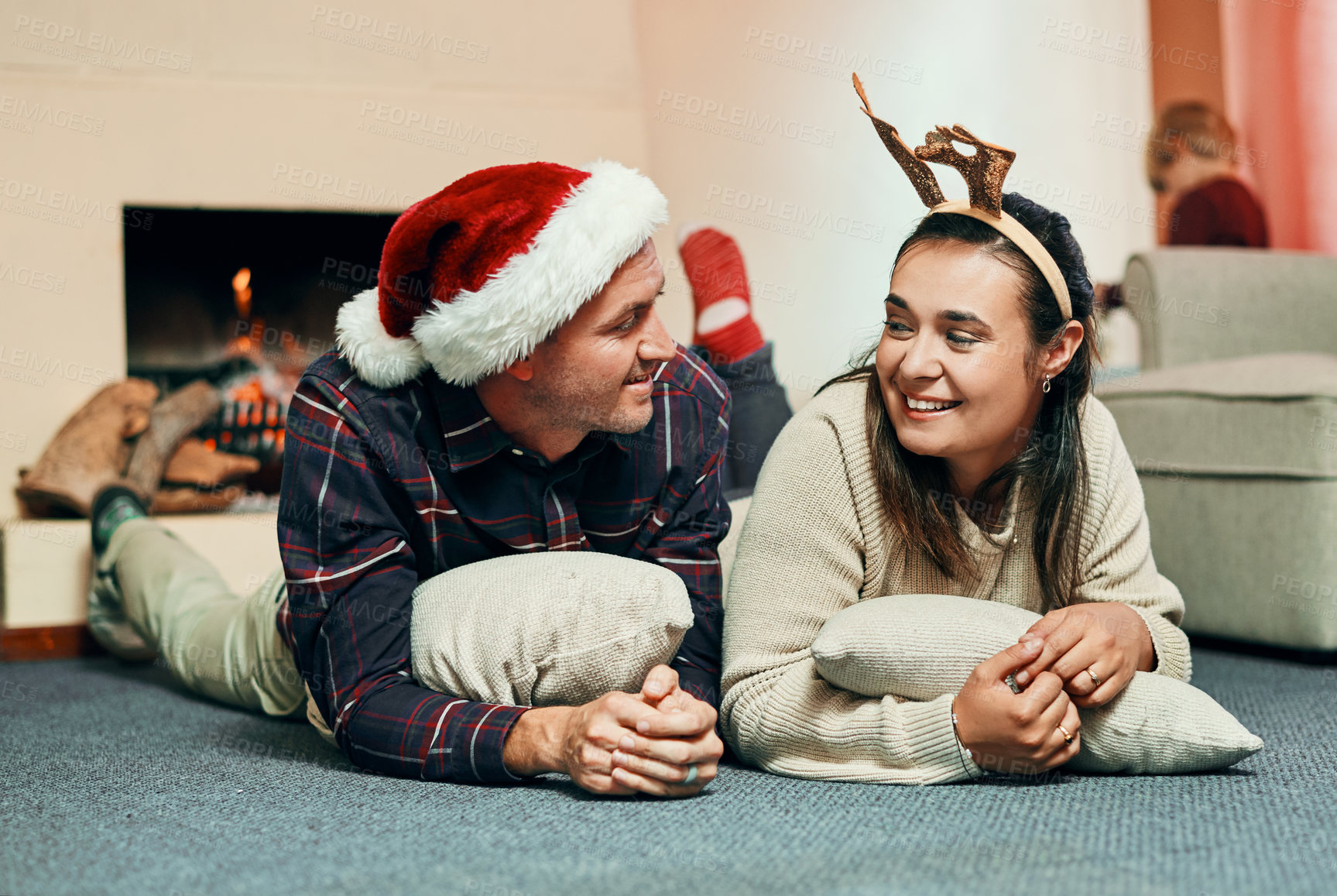 Buy stock photo Couple, happy and relax on floor for Christmas with bonding, romantic time and love relationship in home. Smile, man and woman with celebration for festive holiday, support and talking in living room