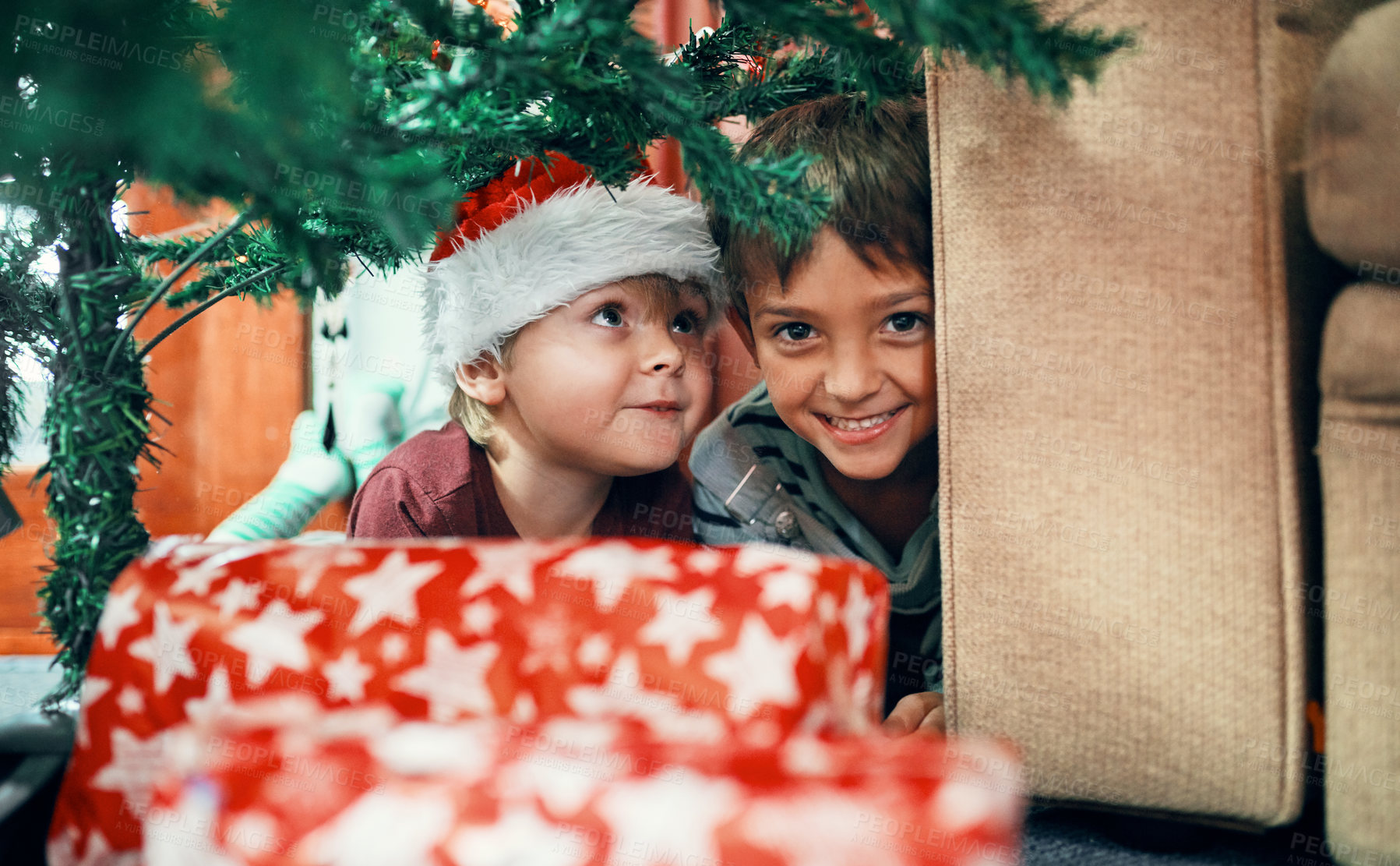 Buy stock photo Christmas, gift and portrait of kids on floor in home with excited face, festive celebration and bonding together. Present, surprise and children with holiday fun, smile and winter vacation in lounge