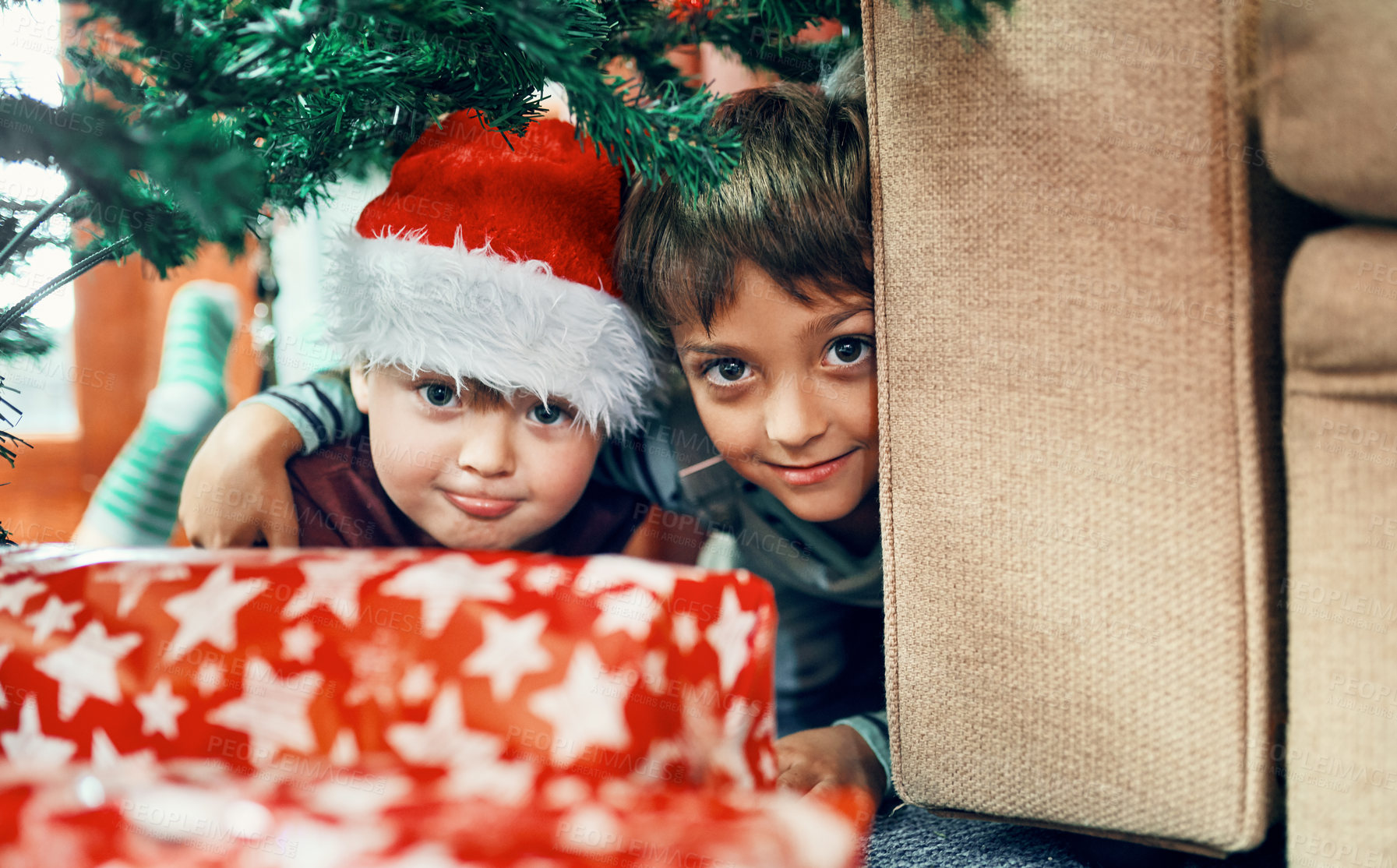 Buy stock photo Christmas, gift and portrait of children on floor in home with excited face, festive celebration and bonding together. Present, surprise and happy brothers with holiday fun, smile and winter vacation