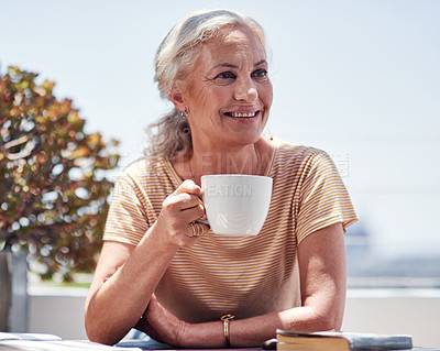 Buy stock photo Mature woman, balcony and happy with tea at home to relax, retirement and break. Female person, confidence and smile with books for reading, information and knowledge as pensioner and nostalgic