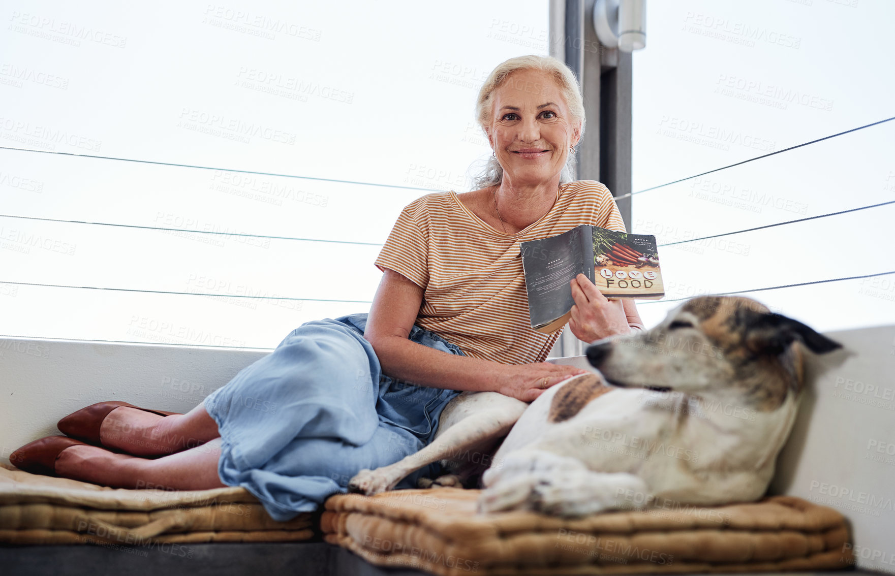 Buy stock photo Senior woman, reading book and portrait with dog on sofa for learning, knowledge or comfortable together on balcony. Animal, story and elderly person with pet for hobby, literature or relax in home