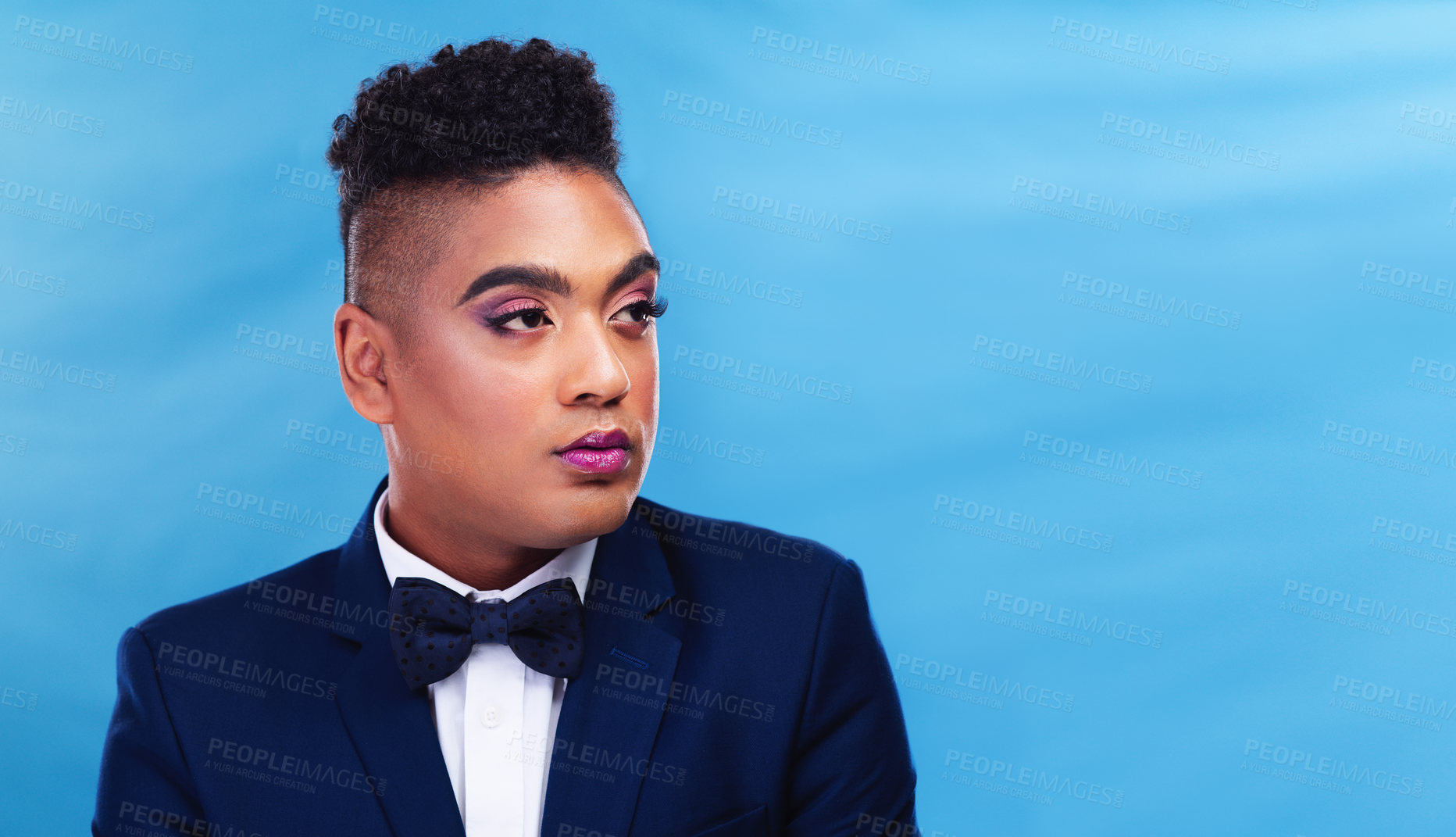 Buy stock photo Man, thinking and makeup in studio for fashion, pride and cosmetics with copyspace. Gay male person, idea and sexuality with pride for rouge, lgbt community or transgender identity with style