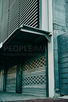 Buy stock photo Building, architecture and urban background in a city, town or financial district outside during the day. A gate, entrance or barrier for access and entry to a modern metropolitan or suburban area