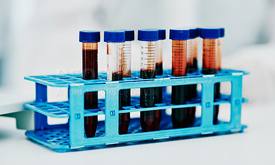 Buy stock photo Closeup blood, test tube or medical research in science laborary for testing, checking or examining DNA sample. Searching for breakthrough cure for marburg virus, monkeypox or global pandemic disease