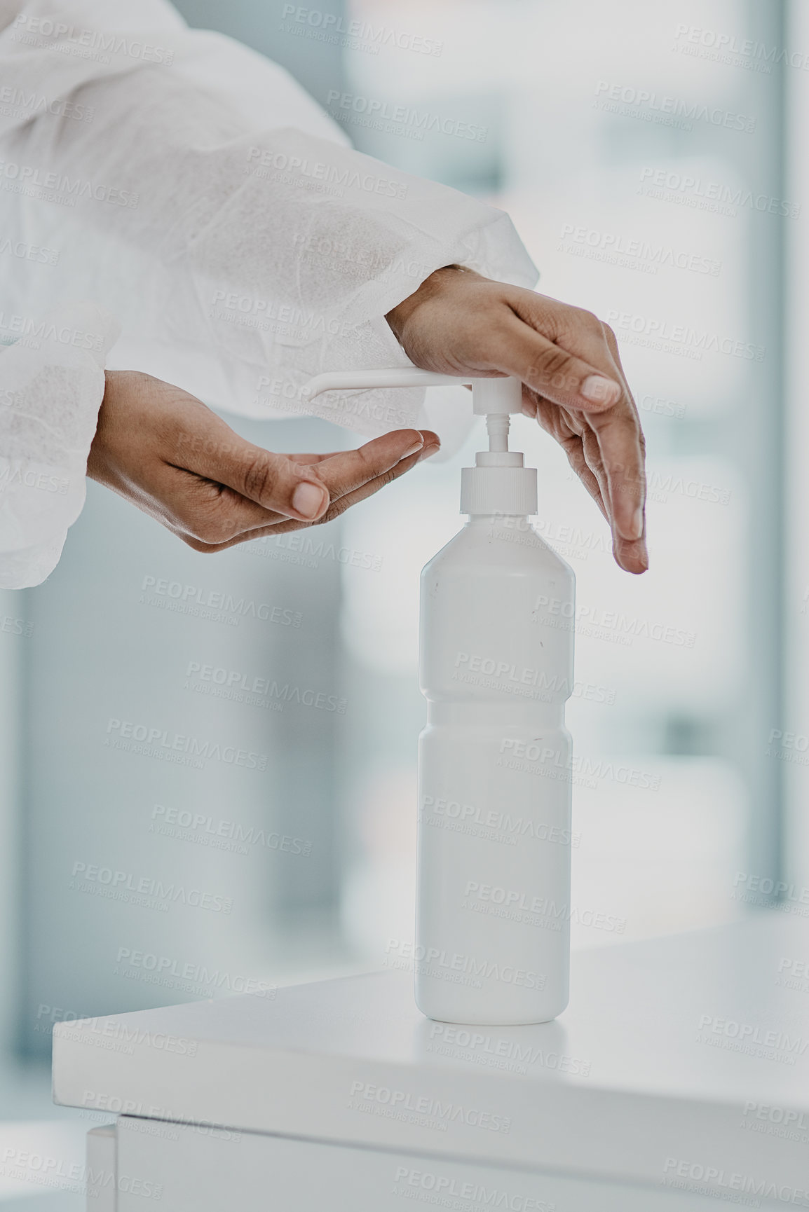 Buy stock photo Hand sanitizer bottle, doctor hands and Covid rules with health policy, disinfection and safety from virus. Medical person, healthcare compliance for corona and disinfecting closeup with hygiene