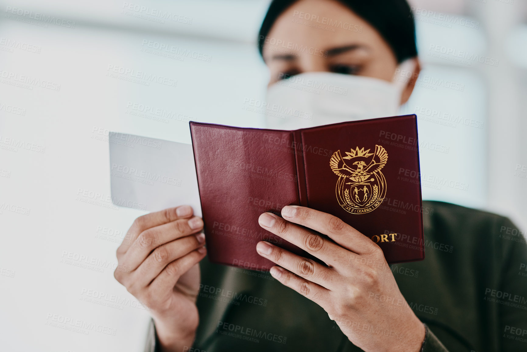 Buy stock photo Travel, covid passport and restrictions while holding flight ticket and pass with face mask at airport. Closeup of female hands holding identification for immigration during coronavirus pandemic